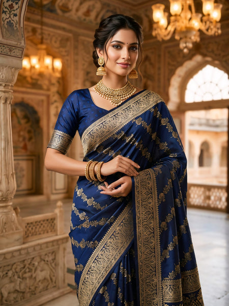 Navy Blue Banarasi Silk Saree with Golden Zari Woven Design & Grand Pallu for Women