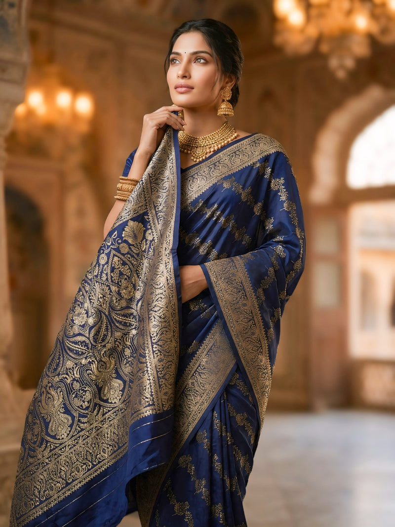 Navy Blue Banarasi Silk Saree with Golden Zari Woven Design & Grand Pallu for Women