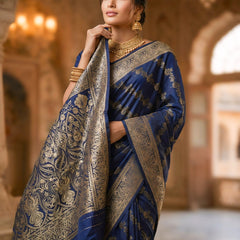 Navy Blue Banarasi Silk Saree with Golden Zari Woven Design & Grand Pallu for Women