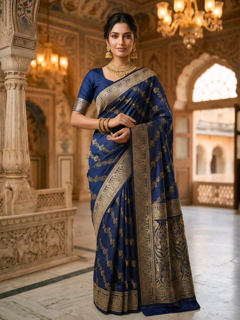 Navy Blue Banarasi Silk Saree with Golden Zari Woven Design & Grand Pallu for Women