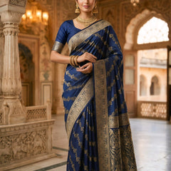 Navy Blue Banarasi Silk Saree with Golden Zari Woven Design & Grand Pallu for Women