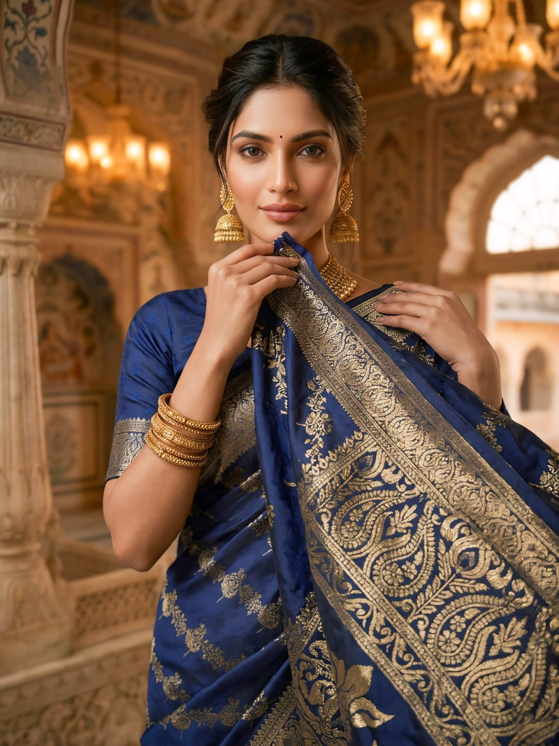 Navy Blue Banarasi Silk Saree with Golden Zari Woven Design & Grand Pallu for Women