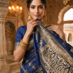 Navy Blue Banarasi Silk Saree with Golden Zari Woven Design & Grand Pallu for Women