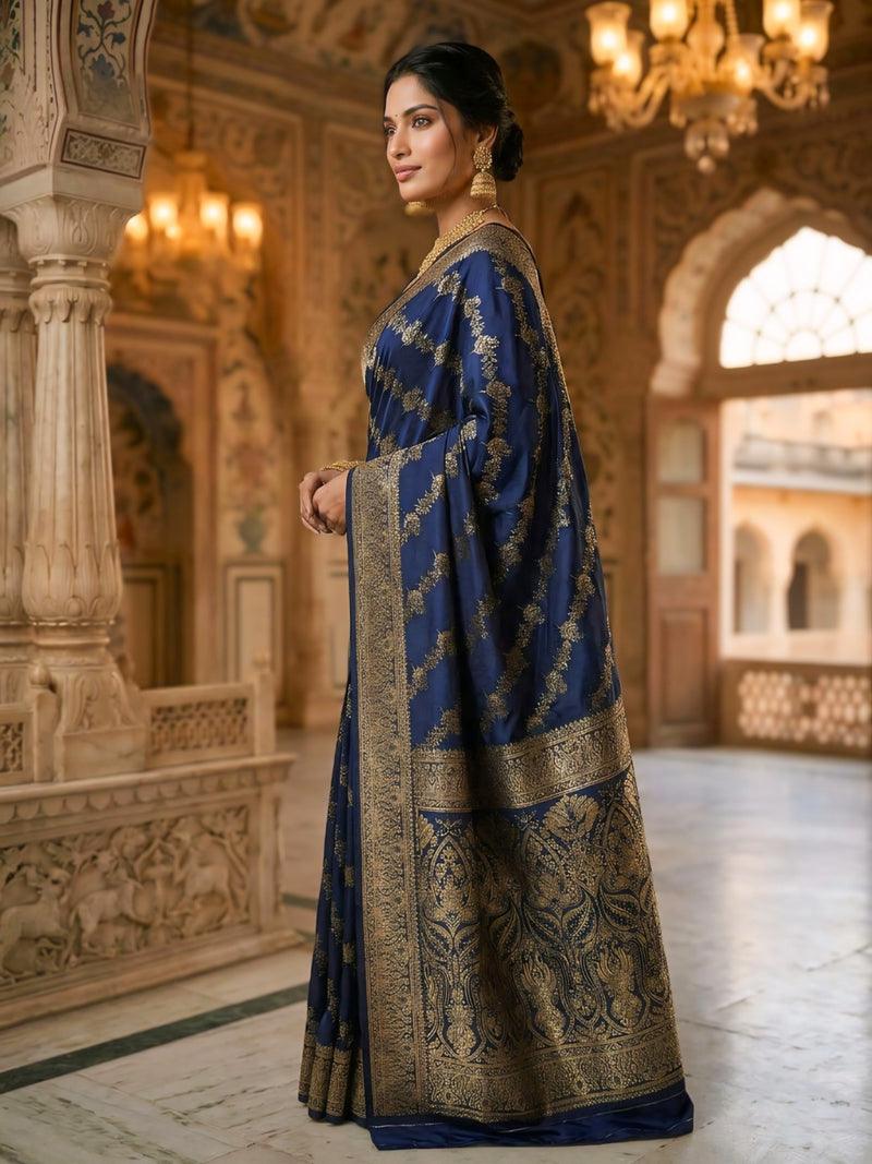 Navy Blue Banarasi Silk Saree with Golden Zari Woven Design & Grand Pallu for Women