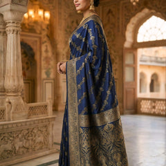 Navy Blue Banarasi Silk Saree with Golden Zari Woven Design & Grand Pallu for Women