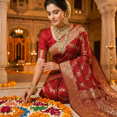 Maroon Banarasi Silk Saree with Golden Zari Woven Design & Rich Traditional Pallu for Women