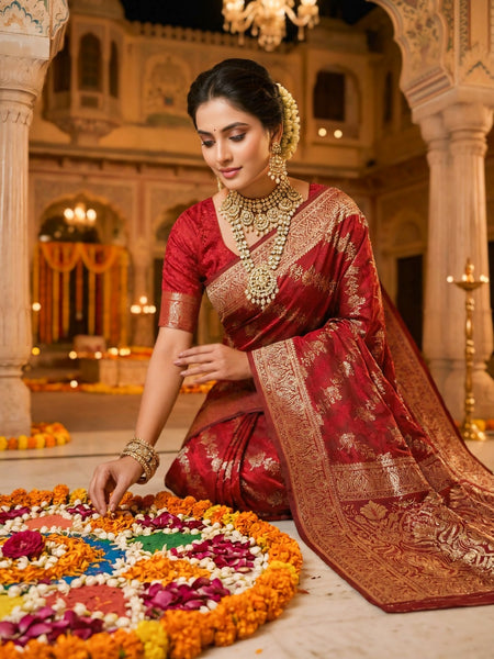 Maroon Banarasi Silk Saree with Golden Zari Woven Design & Rich Traditional Pallu for Women