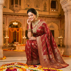 Maroon Banarasi Silk Saree with Golden Zari Woven Design & Rich Traditional Pallu for Women