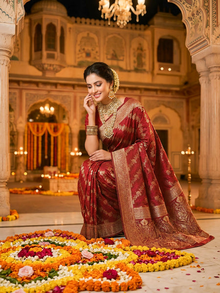 Maroon Banarasi Silk Saree with Golden Zari Woven Design & Rich Traditional Pallu for Women
