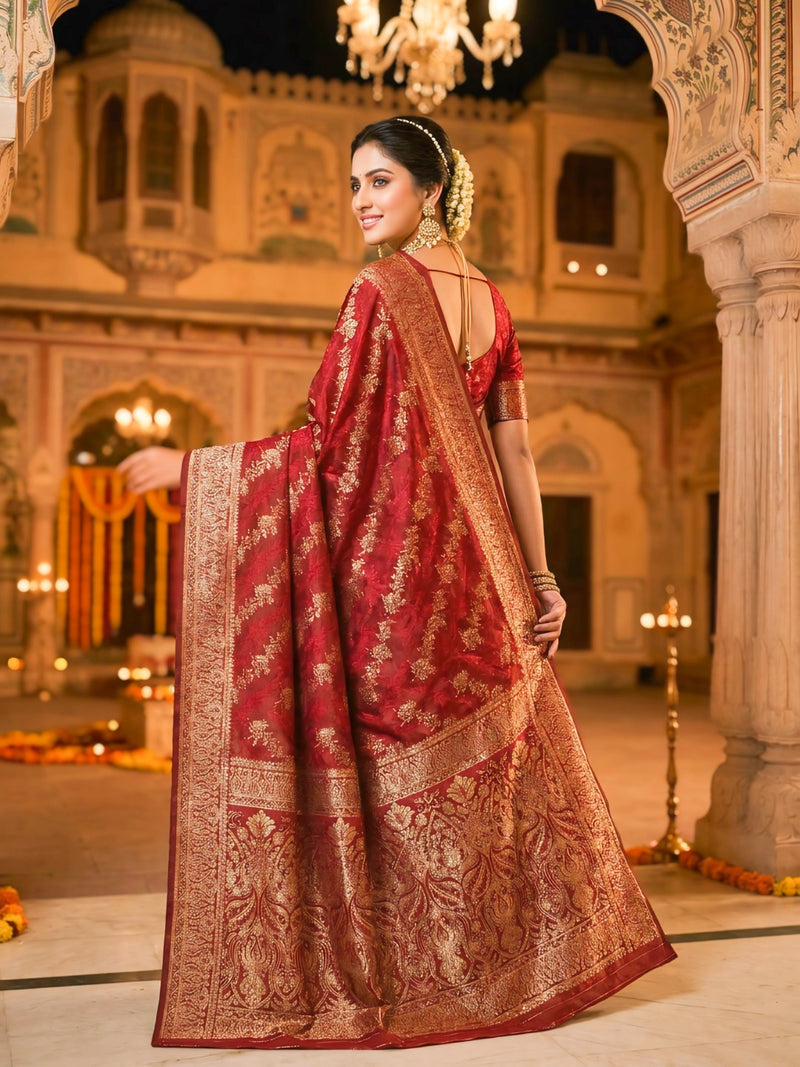 Maroon Banarasi Silk Saree with Golden Zari Woven Design & Rich Traditional Pallu for Women