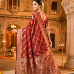 Maroon Banarasi Silk Saree with Golden Zari Woven Design & Rich Traditional Pallu for Women
