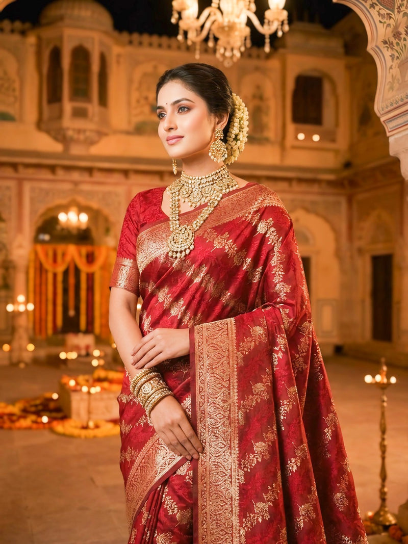 Maroon Banarasi Silk Saree with Golden Zari Woven Design & Rich Traditional Pallu for Women