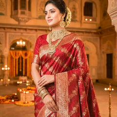 Maroon Banarasi Silk Saree with Golden Zari Woven Design & Rich Traditional Pallu for Women