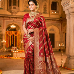 Maroon Banarasi Silk Saree with Golden Zari Woven Design & Rich Traditional Pallu for Women
