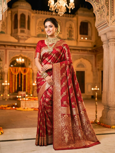 Maroon Banarasi Silk Saree with Golden Zari Woven Design & Rich Traditional Pallu for Women