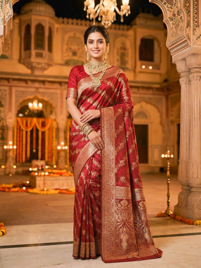 Maroon Banarasi Silk Saree with Golden Zari Woven Design & Rich Traditional Pallu for Women