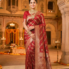 Maroon Banarasi Silk Saree with Golden Zari Woven Design & Rich Traditional Pallu for Women