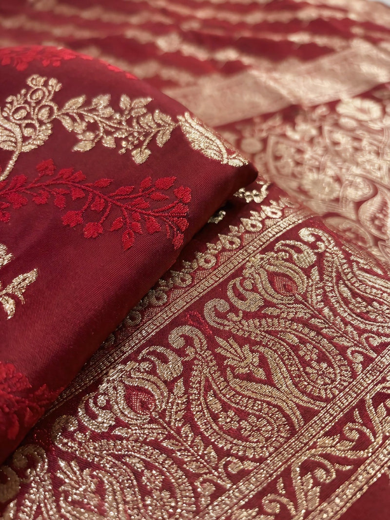 Maroon Banarasi Silk Saree with Golden Zari Woven Design & Rich Traditional Pallu for Women
