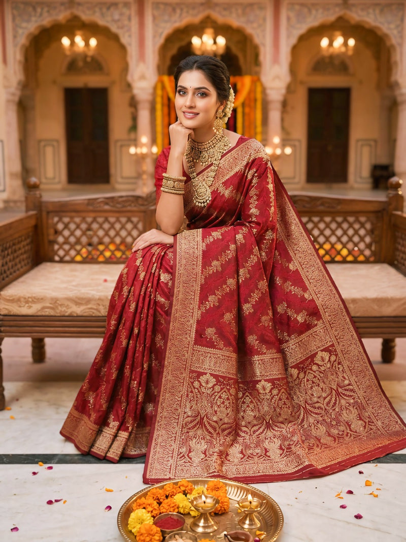Maroon Banarasi Silk Saree with Golden Zari Woven Design & Rich Traditional Pallu for Women