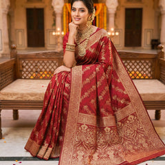 Maroon Banarasi Silk Saree with Golden Zari Woven Design & Rich Traditional Pallu for Women