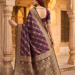 Royal Purple Banarasi Silk Saree with Golden Zari Floral Woven Design, Broad Border & Designer Pallu for Women