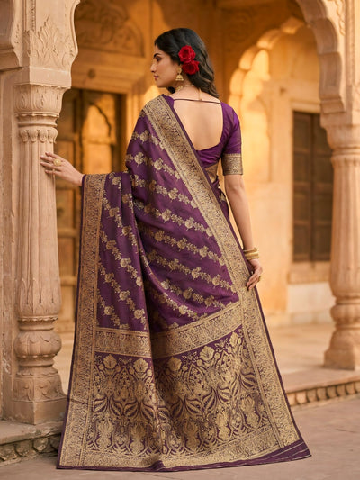 Wine Banarasi Silk Saree with Golden Zari Floral Woven Design, Broad Border & Designer Pallu for Women