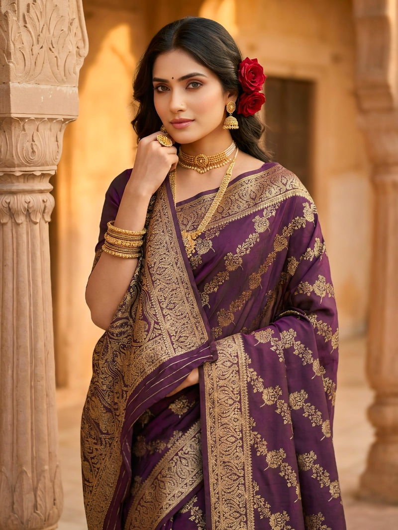 Royal Purple Banarasi Silk Saree with Golden Zari Floral Woven Design, Broad Border & Designer Pallu for Women