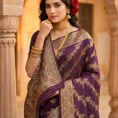 Royal Purple Banarasi Silk Saree with Golden Zari Floral Woven Design, Broad Border & Designer Pallu for Women