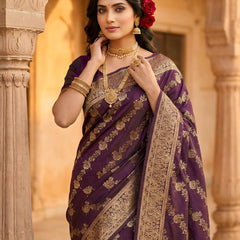 Royal Purple Banarasi Silk Saree with Golden Zari Floral Woven Design, Broad Border & Designer Pallu for Women