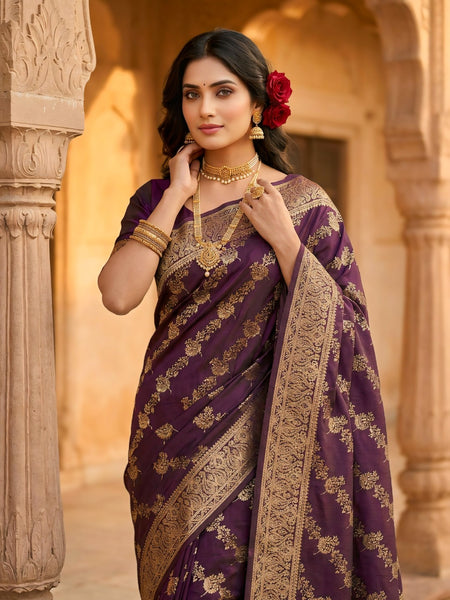 Royal Purple Banarasi Silk Saree with Golden Zari Floral Woven Design, Broad Border & Designer Pallu for Women
