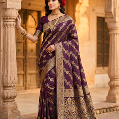 Royal Purple Banarasi Silk Saree with Golden Zari Floral Woven Design, Broad Border & Designer Pallu for Women