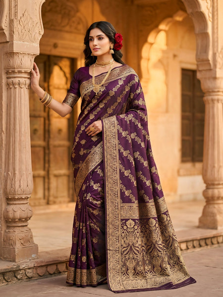 Royal Purple Banarasi Silk Saree with Golden Zari Floral Woven Design, Broad Border & Designer Pallu for Women