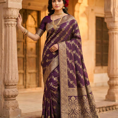 Royal Purple Banarasi Silk Saree with Golden Zari Floral Woven Design, Broad Border & Designer Pallu for Women