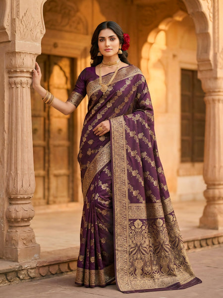 Royal Purple Banarasi Silk Saree with Golden Zari Floral Woven Design, Broad Border & Designer Pallu for Women
