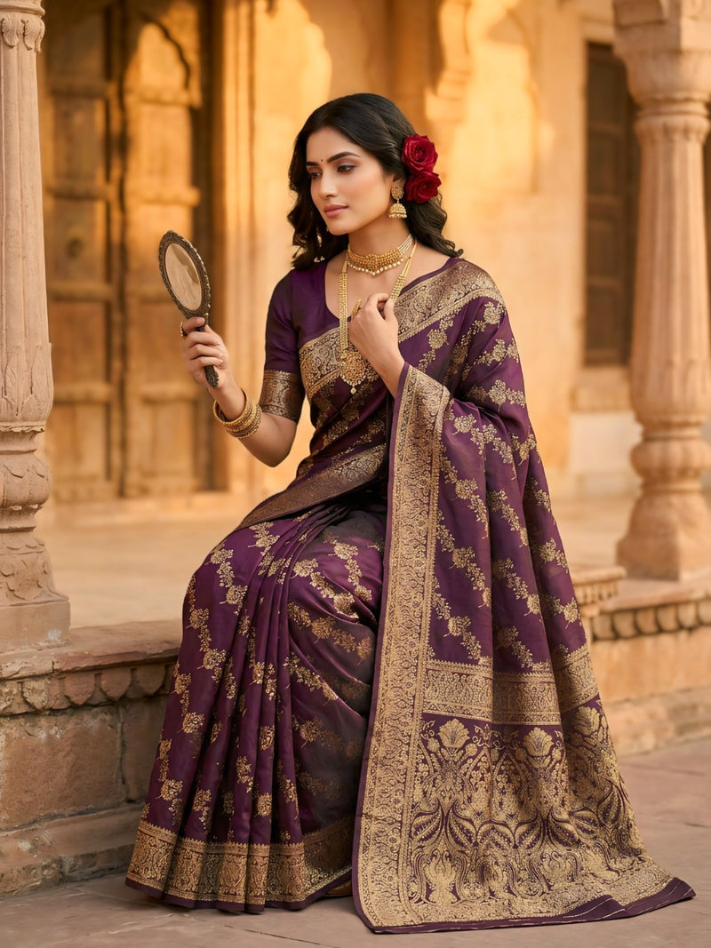 Royal Purple Banarasi Silk Saree with Golden Zari Floral Woven Design, Broad Border & Designer Pallu for Women