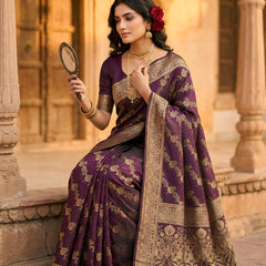 Royal Purple Banarasi Silk Saree with Golden Zari Floral Woven Design, Broad Border & Designer Pallu for Women