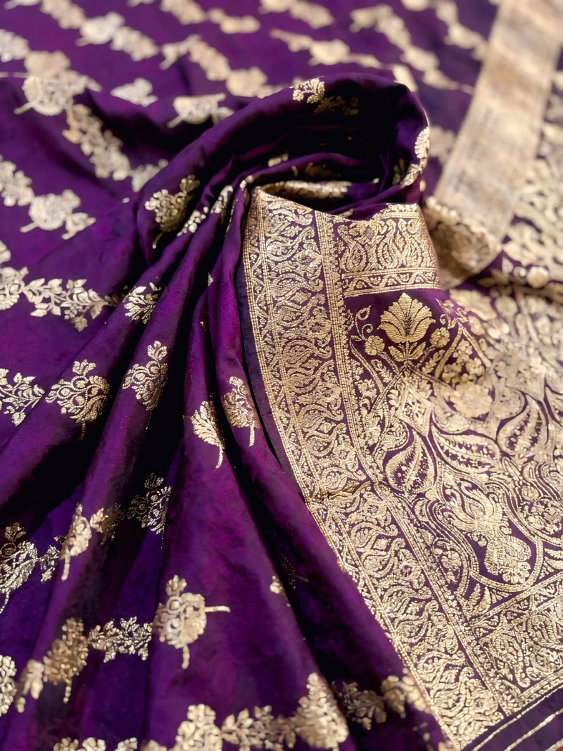 Royal Purple Banarasi Silk Saree with Golden Zari Floral Woven Design, Broad Border & Designer Pallu for Women