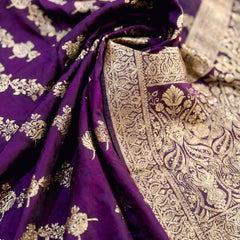 Royal Purple Banarasi Silk Saree with Golden Zari Floral Woven Design, Broad Border & Designer Pallu for Women