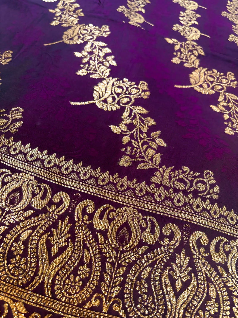 Royal Purple Banarasi Silk Saree with Golden Zari Floral Woven Design, Broad Border & Designer Pallu for Women