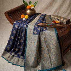 Royal Navy Blue Art Silk Banarasi Saree with Teal Blue Contrast Border & Blouse Piece