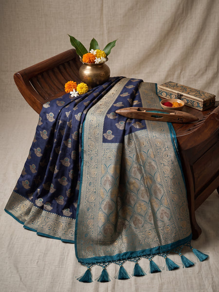 Royal Navy Blue Art Silk Banarasi Saree with Teal Blue Contrast Border & Blouse Piece