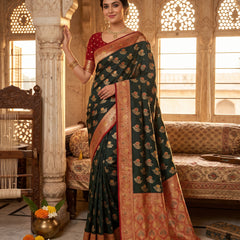 Majestic Bottle Green Art Silk Banarasi Saree with Crimson Red Contrast Border & Blouse Piece