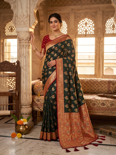Green Art Silk Banarasi Saree with Crimson Red Contrast Border & Blouse Piece