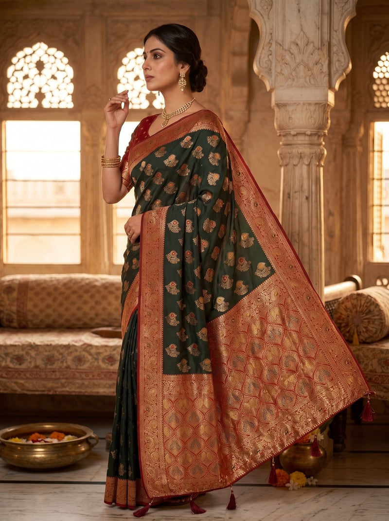 Majestic Bottle Green Art Silk Banarasi Saree with Crimson Red Contrast Border & Blouse Piece