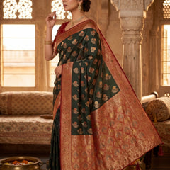 Majestic Bottle Green Art Silk Banarasi Saree with Crimson Red Contrast Border & Blouse Piece