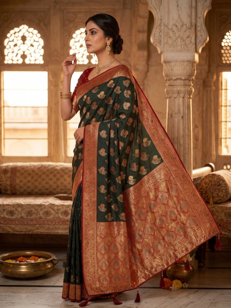 Majestic Bottle Green Art Silk Banarasi Saree with Crimson Red Contrast Border & Blouse Piece