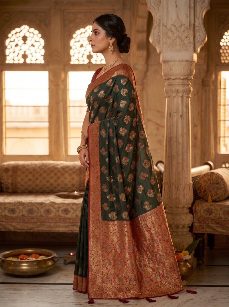 Majestic Bottle Green Art Silk Banarasi Saree with Crimson Red Contrast Border & Blouse Piece