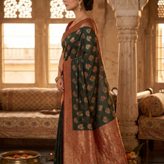 Majestic Bottle Green Art Silk Banarasi Saree with Crimson Red Contrast Border & Blouse Piece