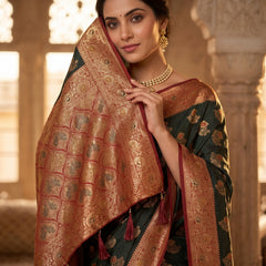 Majestic Bottle Green Art Silk Banarasi Saree with Crimson Red Contrast Border & Blouse Piece