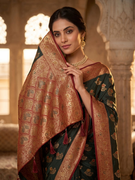 Majestic Bottle Green Art Silk Banarasi Saree with Crimson Red Contrast Border & Blouse Piece